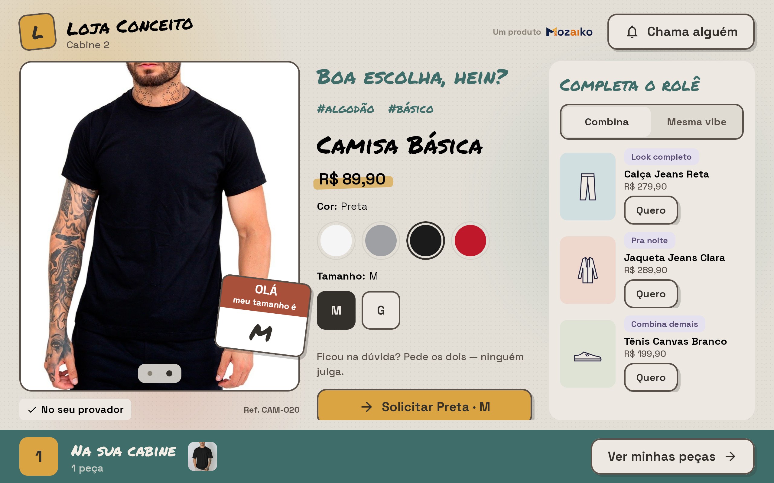 Tela da cabine no tema Jovem, com a peça, tamanhos e sugestões